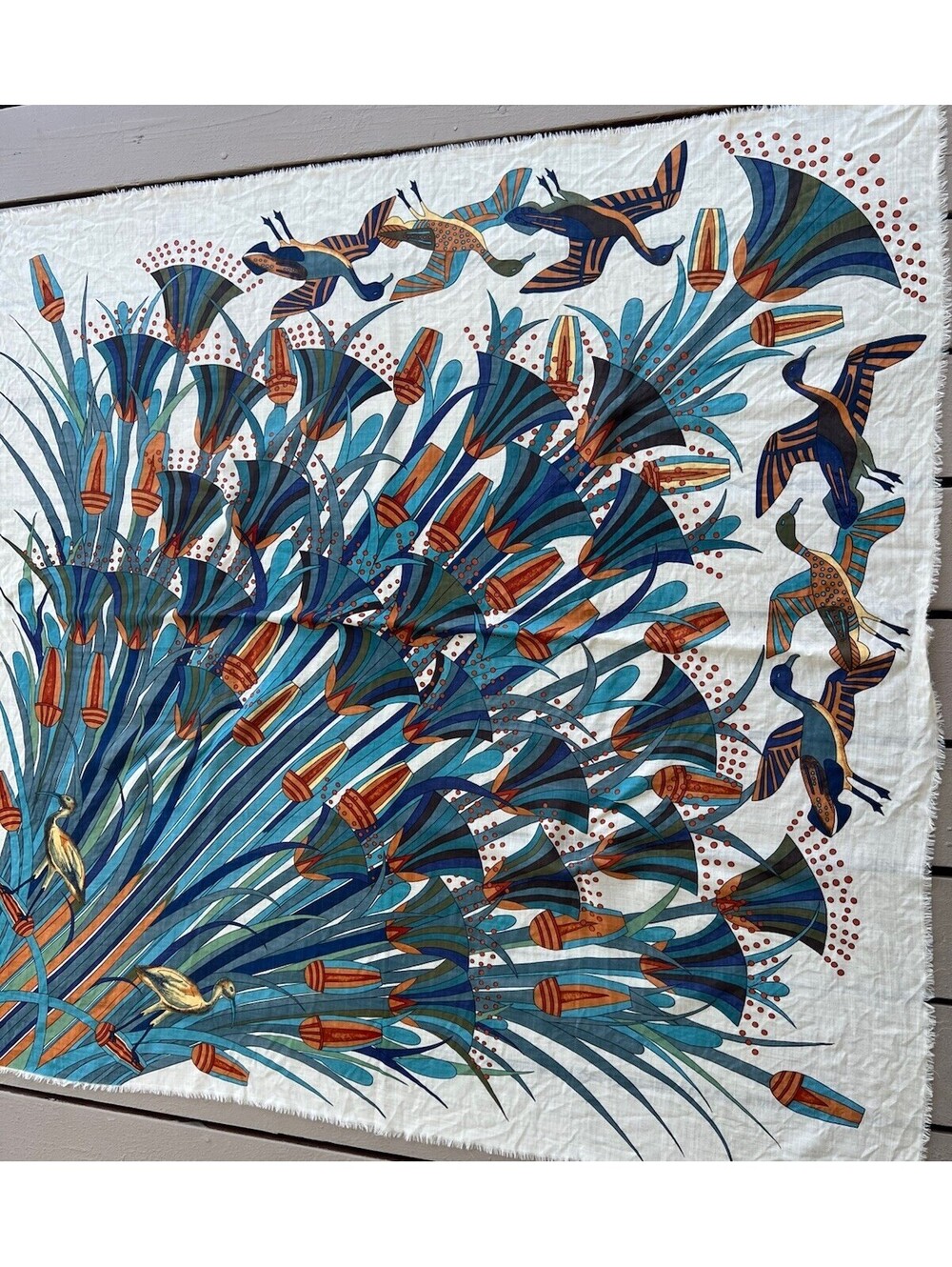 Large Bird Print Lightweight Scarf Ivory Blue Wrap Orange